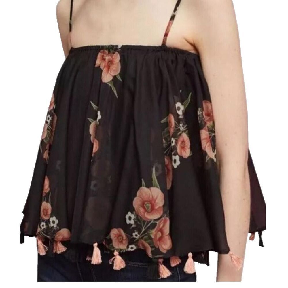 Anthropologie Carolina K Top Size Small Black Floral Tassel Hem Boho Festival